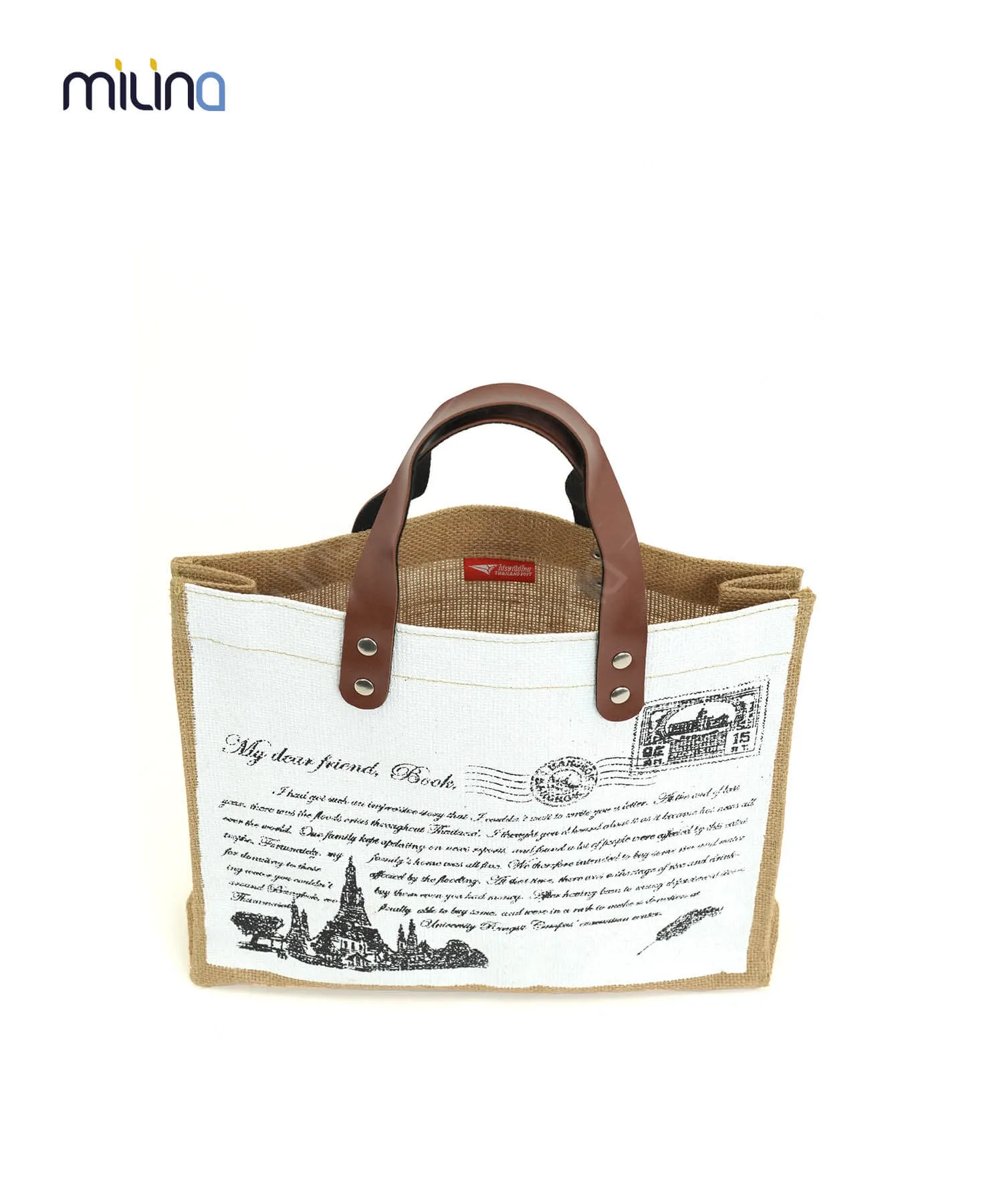 รับผลิตกระเป๋าผ้า กระเป๋าช้อปปิ้ง กระเป๋าถือผ้ากระสอบอินเดีย พิมพ์ลายไปรษณีย์ไทย - SB2003 รับผลิตกระเป๋าช้อปปิ้ง กระเป๋าถือ ตามแบบ manufacturer small shopping bag